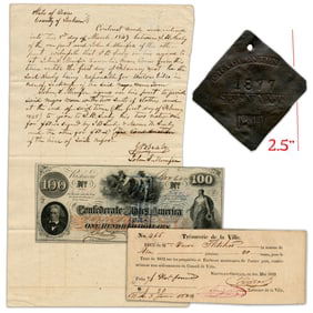 Group of (4) Slavery-Related Artifacts, Docs & Currency from SC, LA, TX & AL Incl. Chilling 1844