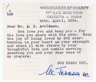 Mother Teresa Letter Urges "Keep the joy of being loved by God ever-burning in your heart"