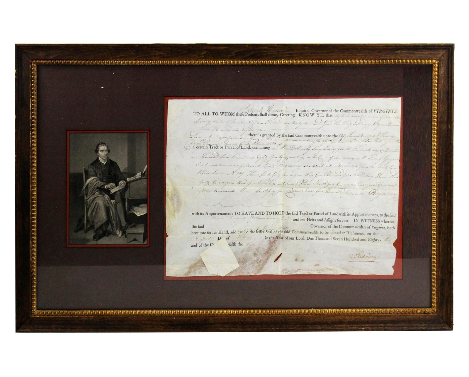 Patrick Henry Signed Land Grant for Assignees of Founding Father James Wilson (1 of 3)