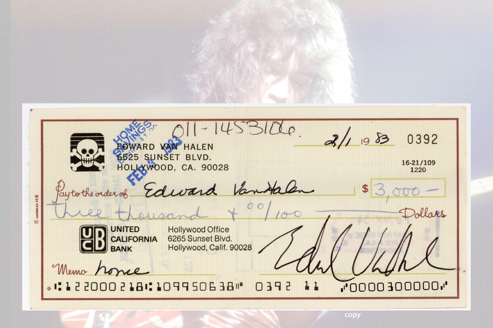 Eddie Van Halen Signed 1983 Check (1 of 3)
