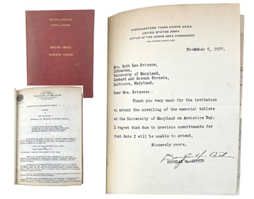 Douglas MacArthur TLS, With Many More Re: World War I Memorial at U. Maryland Med School, 1927