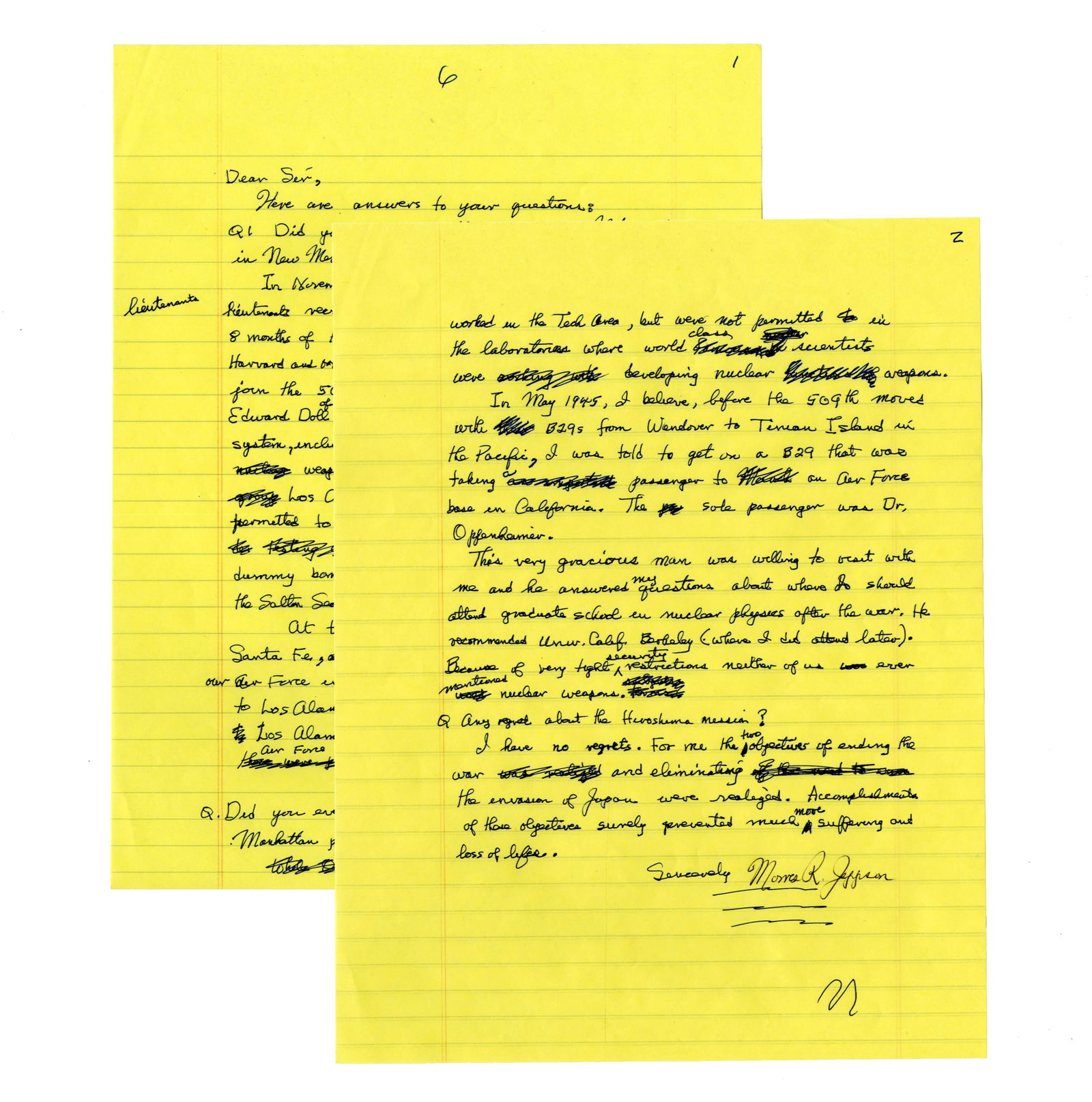 Weapons Officer Morris Jeppson Writes of Experience at Los Alamos with Oppenheimer (1 of 4)