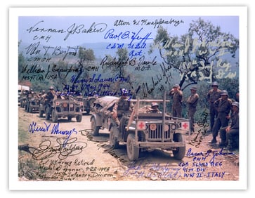 WWII Medal of Honor Recipients Stationed in Italy Signed Photograph, 15 Signatures: Baker, Barfoot,