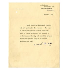 Winston Churchill Signed Statement Celebrating Washington's Birthday & Friendship Between the U.S.