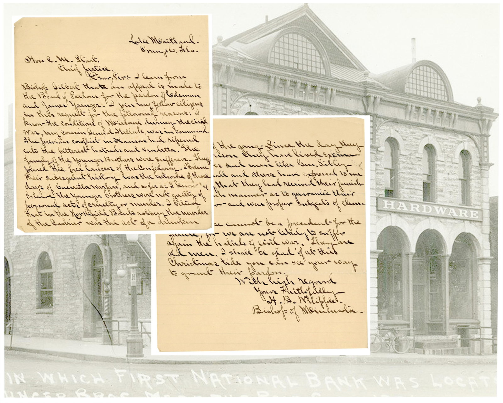 Younger Bros Pardon Sought by Bishop - Henry Halleck's Cousin - Mentions Northfield Raid, Confed: James Younger Orange Co., FL, n.d. Younger Bros Pardon Sought by Bishop - Henry Halleck's Cousin - Mentions Northfield Raid, Confed Freelancers, More ALS A fine content autograph letter in the hand of