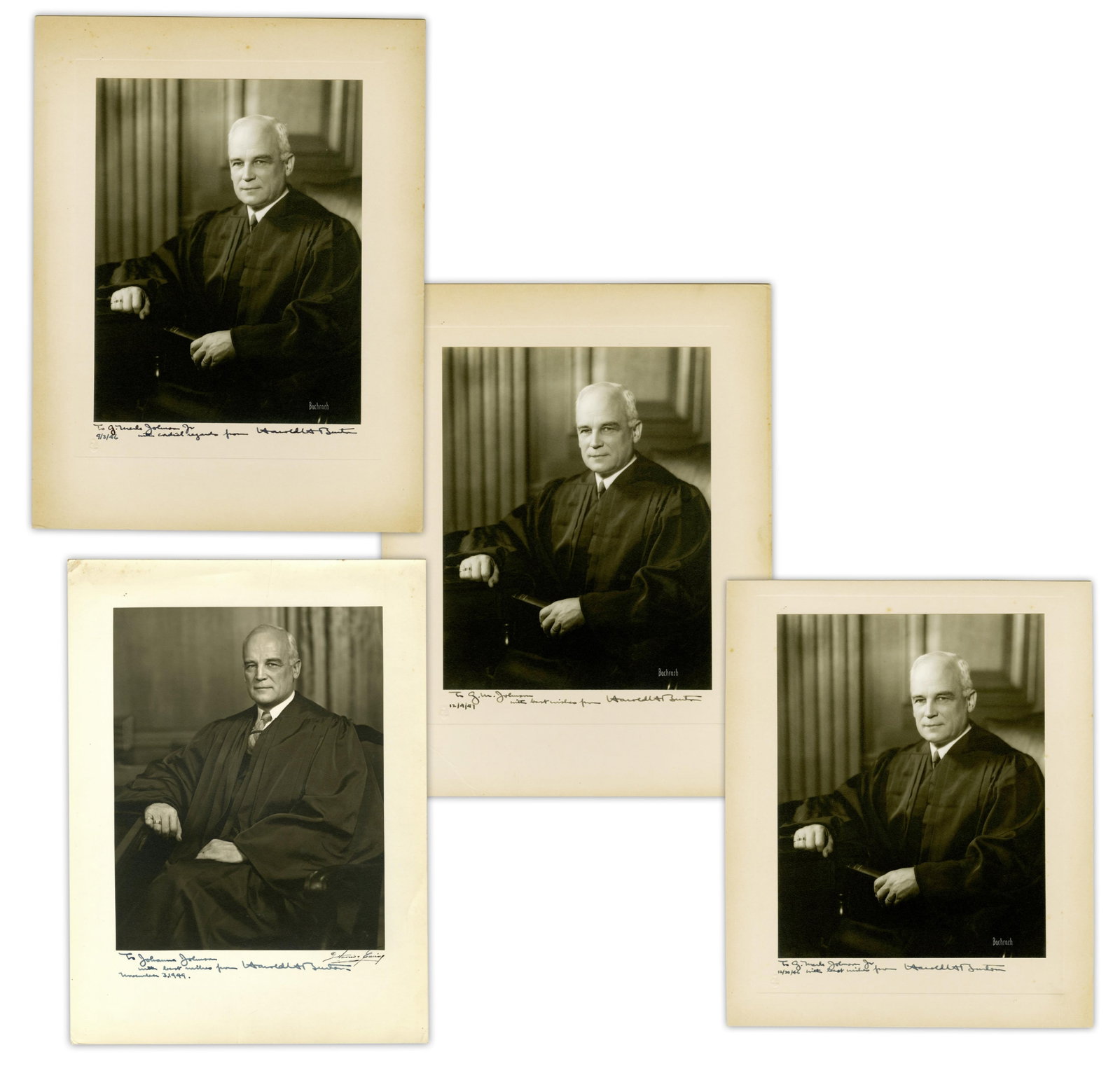 Harold Burton (4) Boldy Signed Photographs as Associate Justice: Harold Burton [Washington, D.C.], 1946-49 Harold Burton (4) Boldy Signed Photographs as Associate Justice Signed photograph A collection of four portrait photographs depicting associate justice Harold