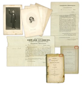 Edward Everett 9 pc. Archive, 1821-79: DS as Governor, Pamphlets, & Engravings