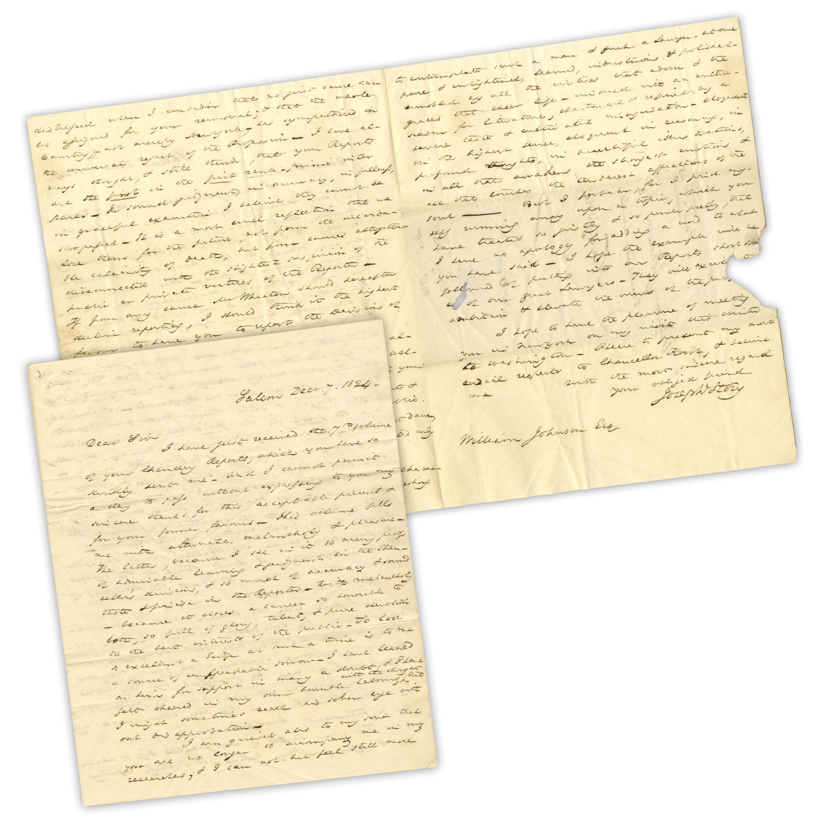 Joseph Story ALS to Law Reporter William Johnson re: Retirement of NY Judge (1 of 4)