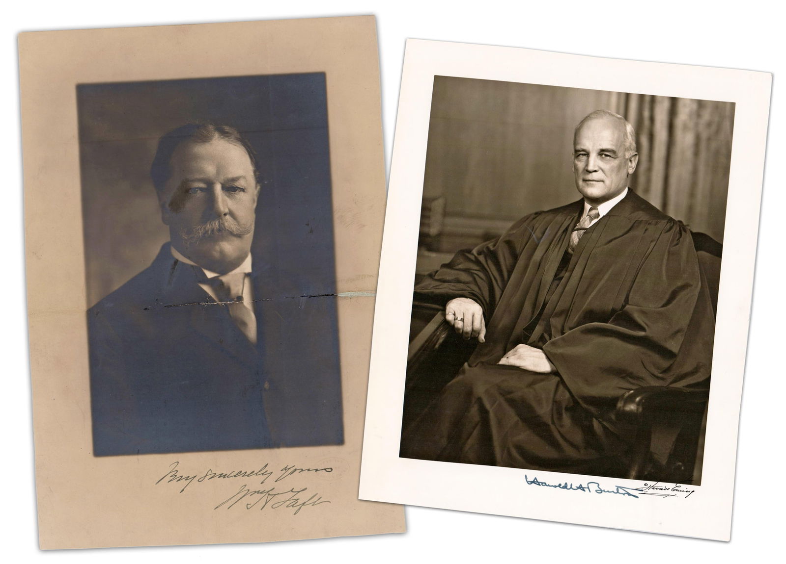 Taft & Burton S.C. Justices Signed Harris & Ewing Photos - Superb Sigs!: Supreme Courtn.p., n.d.Taft & Burton S.C. Justices Signed Harris & Ewing Photos - Superb Sigs!SPTwo Harris & Ewing portrait photographs of two 20th-century Supreme Court justices: former 27th U.S. Pre