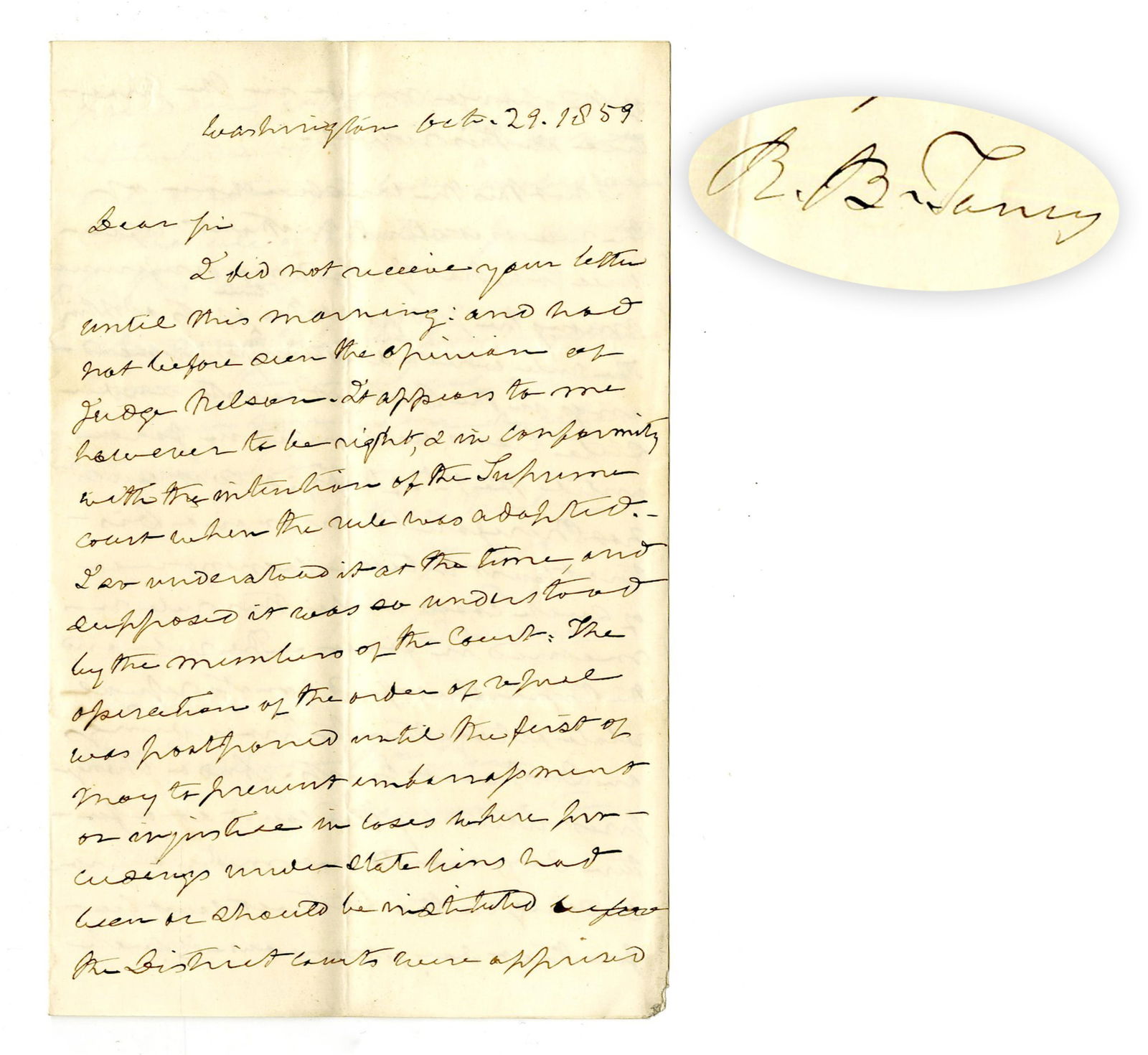 Roger B. Taney ALS to Justice Mclean Re: Unnamed 1859 Case (1 of 4)