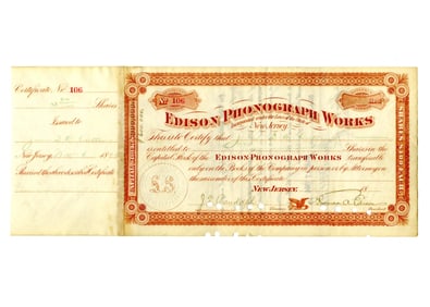 Thomas Edison Signed Edison Phonograph Works Stock Certificate Transferred to Wife