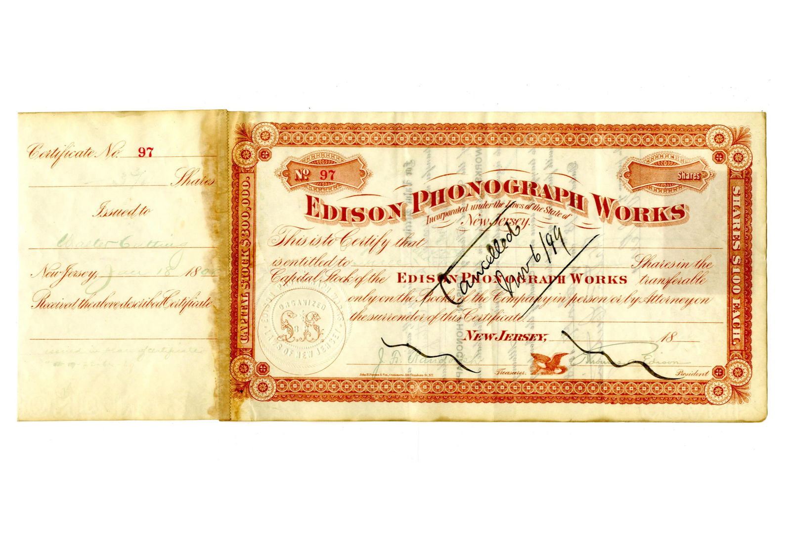 Thomas Edison Signed Edison Phonograph Works Stock Certificate (1 of 3)