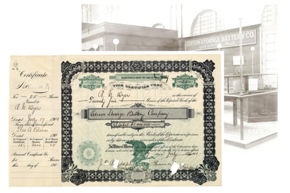 Thomas Edison Signed Stock Certificate for Edison Storage Battery Company, PSA/DNA