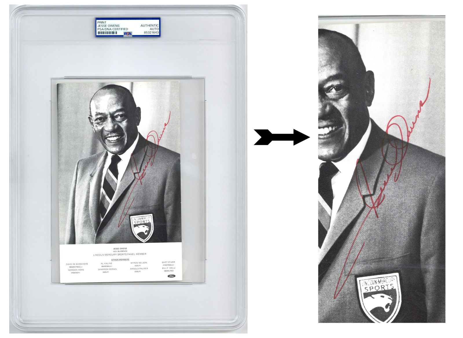 Jesse Owens Signed Photo, PSA/DNA Authenticated: Jesse Owensn.p., ca. 1960sJesse Owens Signed Photo, PSA/DNA AuthenticatedSigned photographA signed photograph of Jesse Owens, 5" x 8" b/w, a printed portrait of Owens as a "Lincoln-Merc