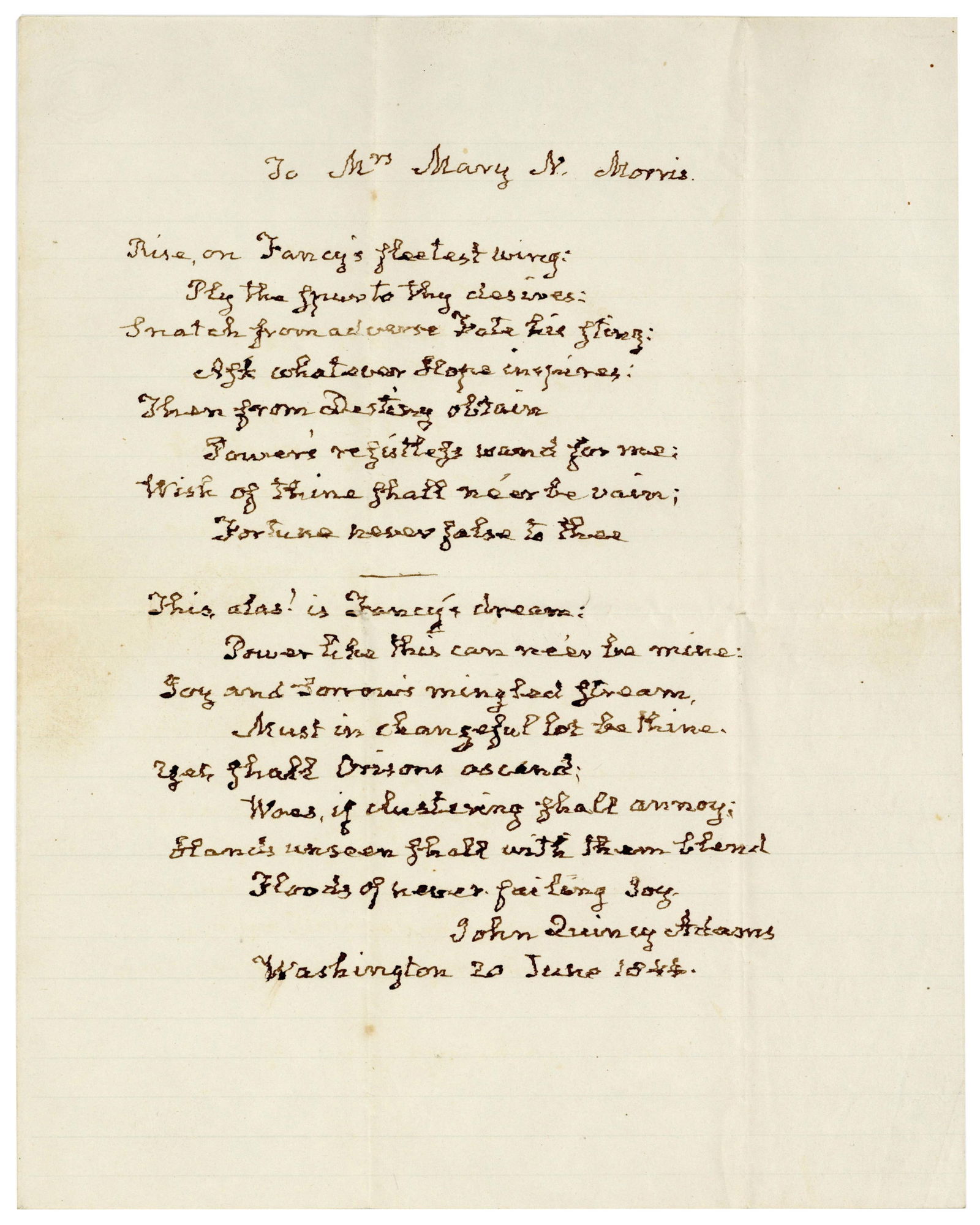 JQ Adams Handwritten & Signed Poem: "Power like this can ne'er be mine" - Mentioned in His Diary
