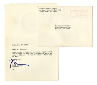 AR Governor Bill Clinton Thank You Note to Restaurant: "It was delicious!"