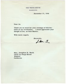 Dwight D. Eisenhower Thanks Mamie’s Friend for Re-Election Congratulations