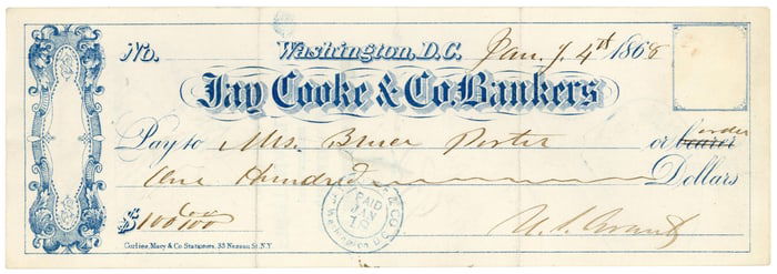 Ulysses S. Grant Signed Bank Check, Jay Cooke & Co., Year of His Election