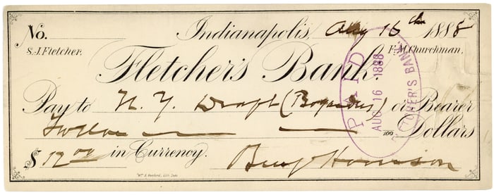 Benjamin Harrison Signed Check - Year of His Presidential Inauguration