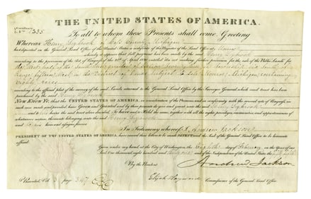 Andrew Jackson Boldly Signed DS for Land in Michigan