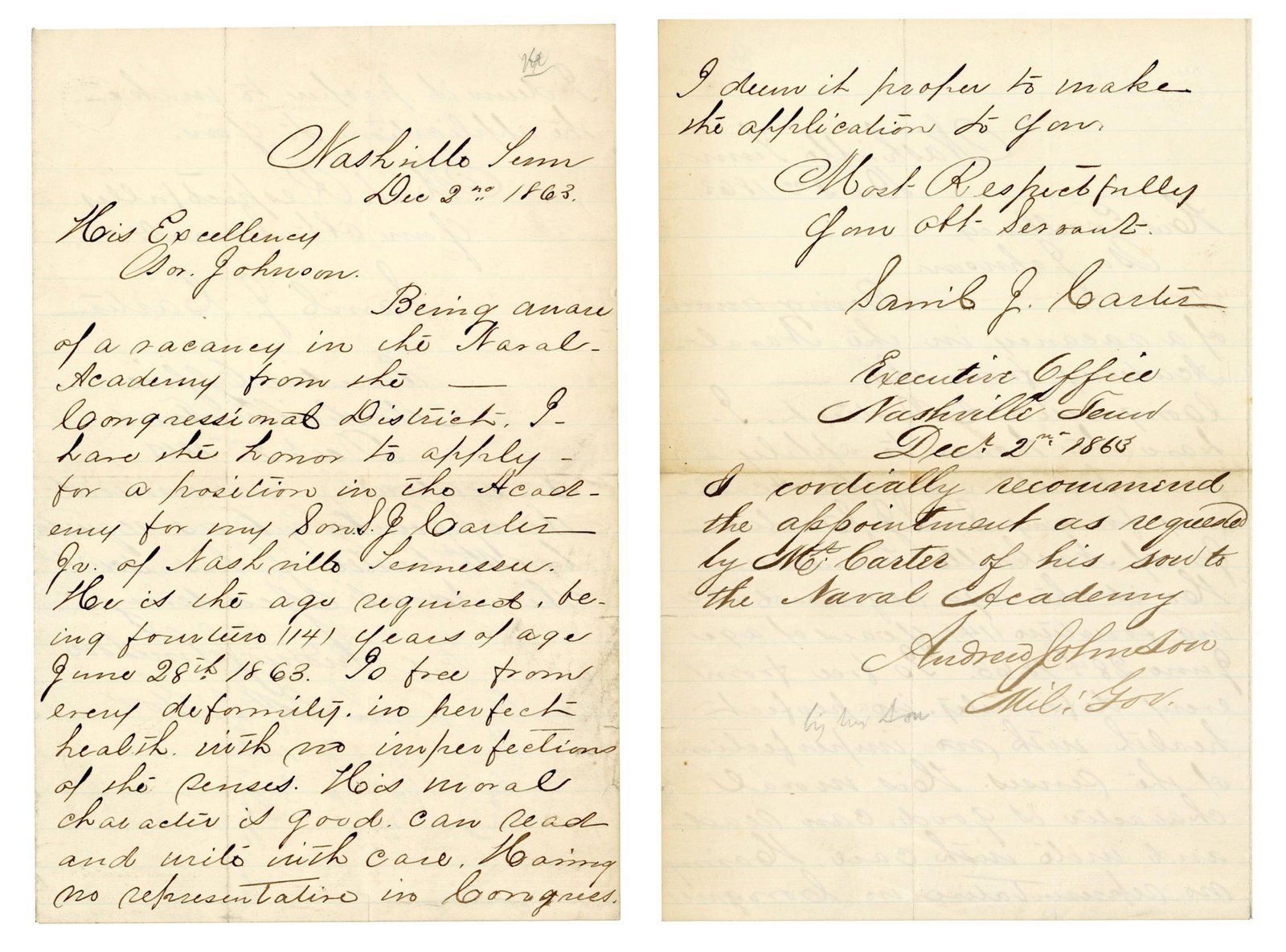 Andrew Johnson & The Naval Academy: Andrew JohnsonNashville, TN, December 2, 1863Andrew Johnson & The Naval AcademyALSAn autograph endorsement penned and signed by Robert Johnson for his father Andrew Johnson, while the latter was Milit