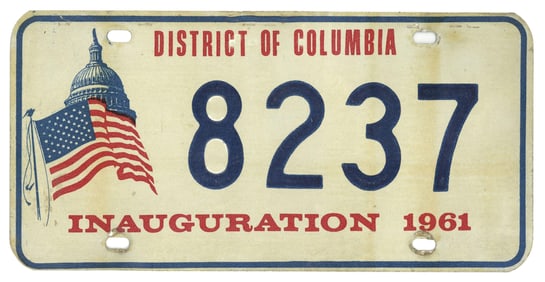JFK Inauguration: Government Issued License Plate, Presumably Used During Inaugural Events, w/