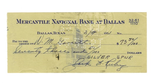 Jack Ruby Signed Check, Possibly for Expenses at Silver Spur Nightclub, PSA Authenticated
