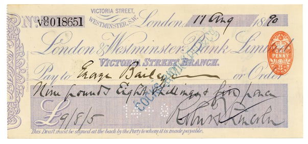 Robert Todd Lincoln Signed Check, as U.S. Minister to Britain