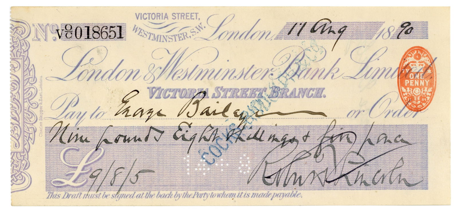 Robert Todd Lincoln Signed Check, as U.S. Minister to Britain (1 of 2)