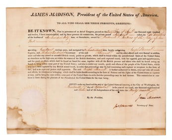 Madison & Monroe Boldly Signed DS for a Storied Privateer that Captured Many British Ships in War of