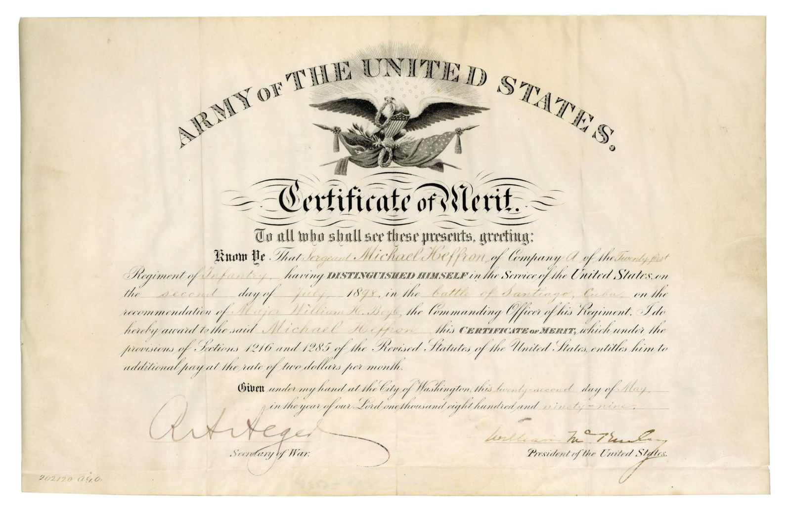 William McKinley as President Certificate of Merit for Span-Am Veteran (1 of 2)