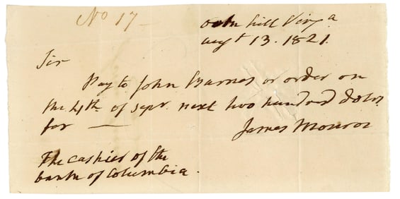 James Monroe Handwritten Pay Order to John Barnes, Customs Collector and Friend