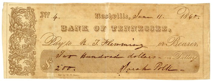 Sarah Polk Former First Lady Signed Check, 1860