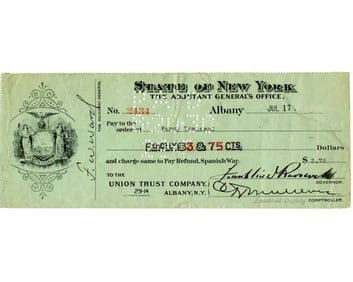 FDR Signed Check for Reimbursement Related to Spanish-American War!