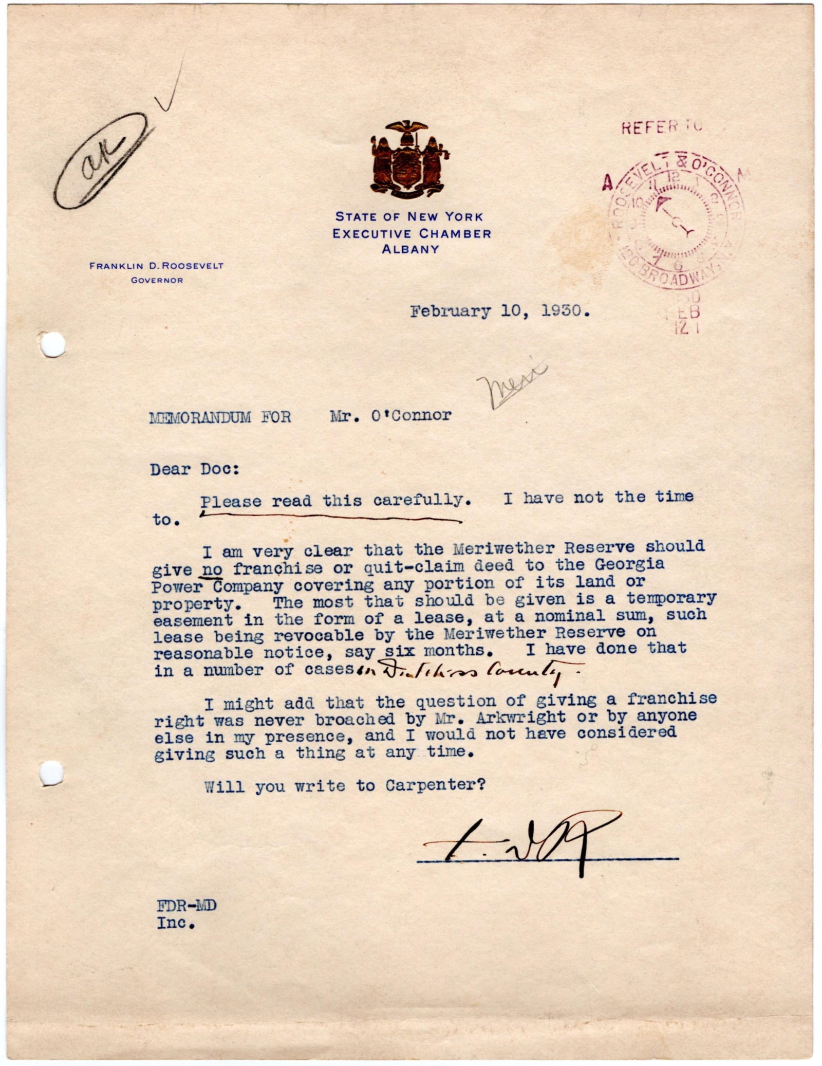 Franklin D. Roosevelt Writes to Law Partner Basil O’Connor about Land Issue in Georgia (1 of 3)