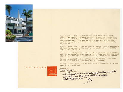 F. L. Wright Signed Archive & Letter re: Important Los Angeles Project: "I think that concrete with: Frank Lloyd WrightScottsdale, AZ, August 15, 1952F. L. Wright Signed Archive & Letter re: Important Los Angeles Project: "I think that concrete with fired coating could be substituted for stone f