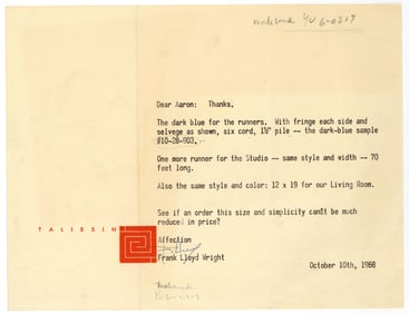 Frank Lloyd Wright Orders Floor Coverings for Studio