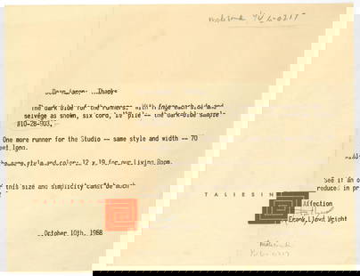 Frank Lloyd Wright Orders Floor Coverings for Studio: Frank Lloyd WrightScottsdale, AZ, October 10, 1958Frank Lloyd Wright Orders Floor Coverings for StudioTLSA typed letter signed, Scottsdale, AZ, October 10, 1958. On Taliesin West letterhead to Aaron G