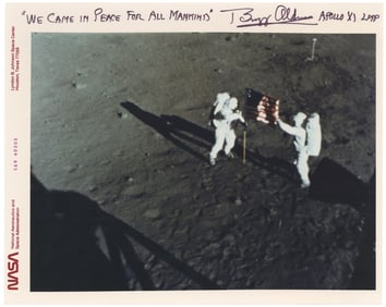 Superb Buzz Aldrin "We Came In Peace" Signed NASA Press Photo with Red Number
