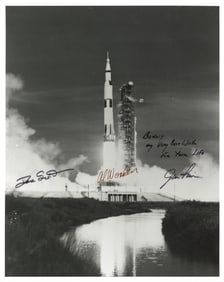 Apollo 15 Liftoff Photo Signed by Prime Crew: Scott, Irwin and Worden