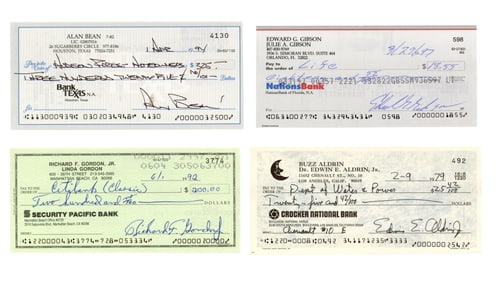 Astronauts Aldrin, Gibson, Gordon and Bean Signed Checks