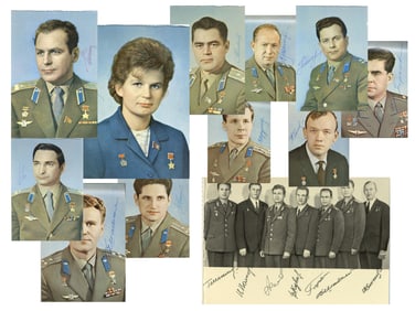 12 Cosmonauts Signed Postcards - Includes Tereshkova, Titov, Niklaev, Popovich
