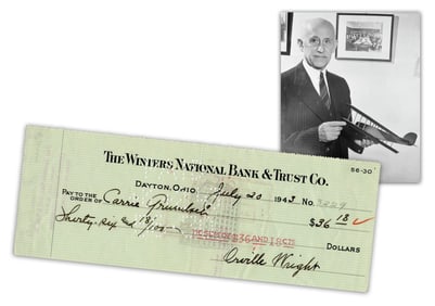 Orville Wright Signed Check Paying Longtime Housekeeper