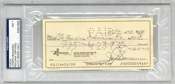 Mobster "Joe Bananas" Signed Check - PSA/DNA NM 7