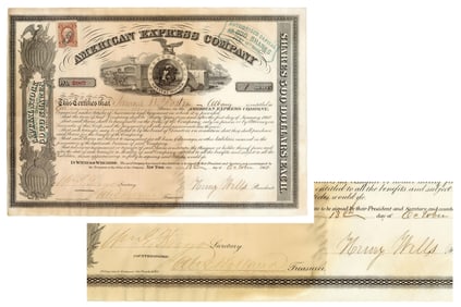 Henry Wells & William Fargo Signed American Express Stock, Both Founders with Uncommon Non-Cancelled