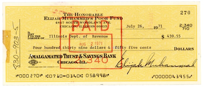 Elijah Muhammad Signed Check - Pays Taxes!