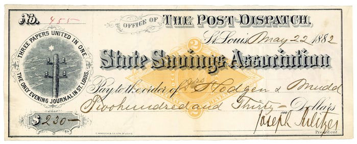 Joseph Pulitzer Signed Check