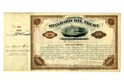 John D. Rockefeller & John Archbold Signed Brown Standard Oil Trust Stock Certificate