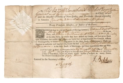Jonathan Belcher Signed 1753 Marriage License as Gov. of New Jersey