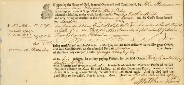 John Hancock Penned and Signed Whaling Ship Receipt, PSA/DNA Graded NN-MT 8
